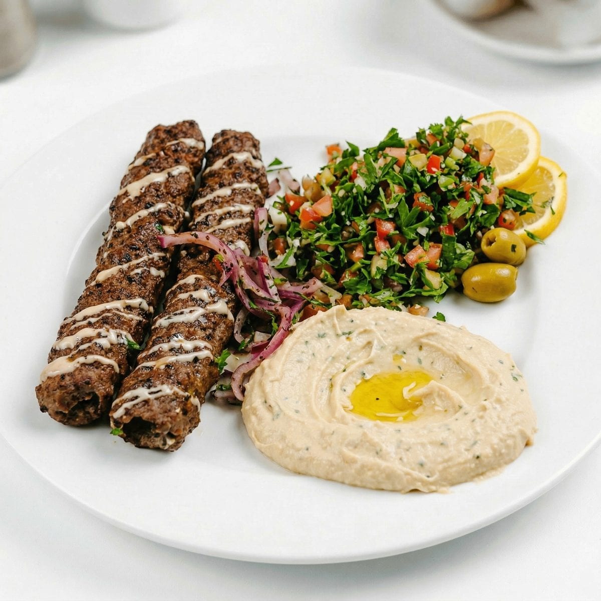 Kofta kebabs with hummus, pita and salad. Levant Cafe & Grill.