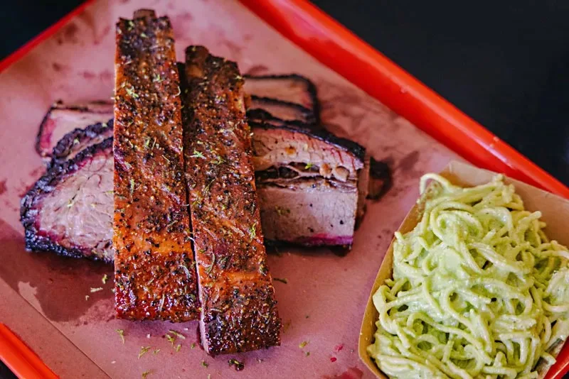 Ribs, brisket and green spaghetti at Barbs B Q