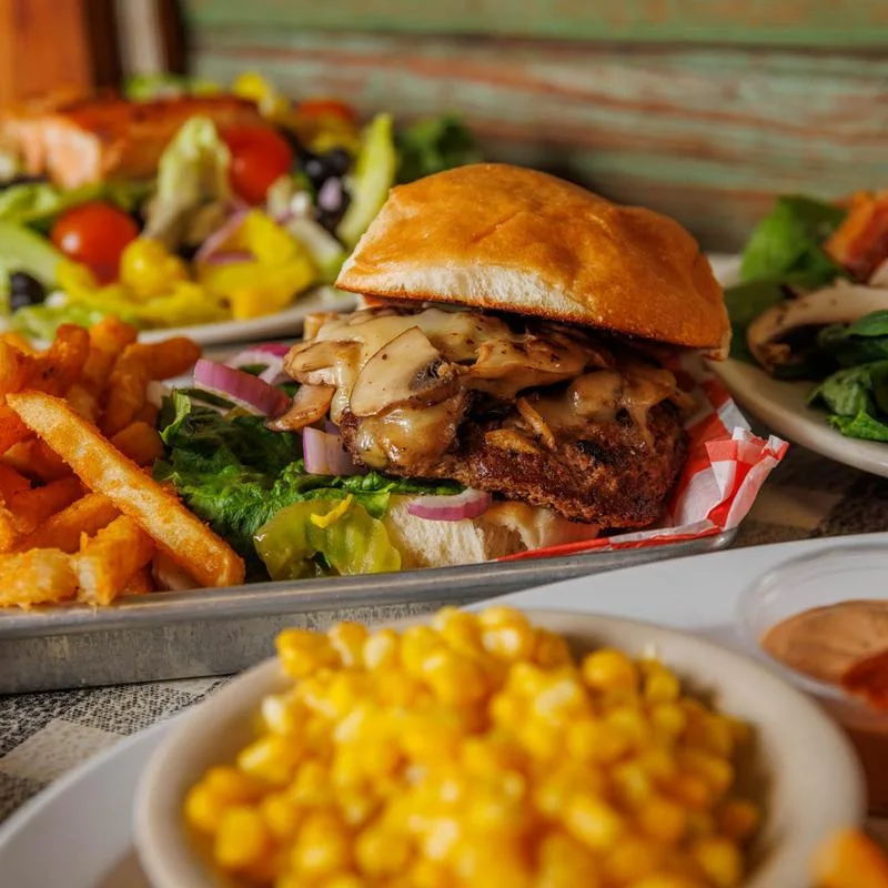 Burger and fries at Gracie’s in Bastrop