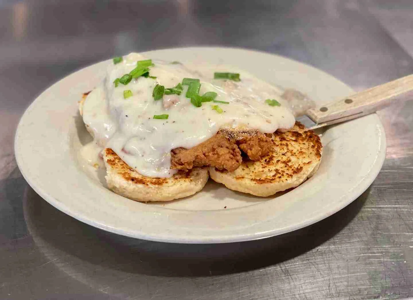 Biscuits with sausage gravy at the Monument Cafe