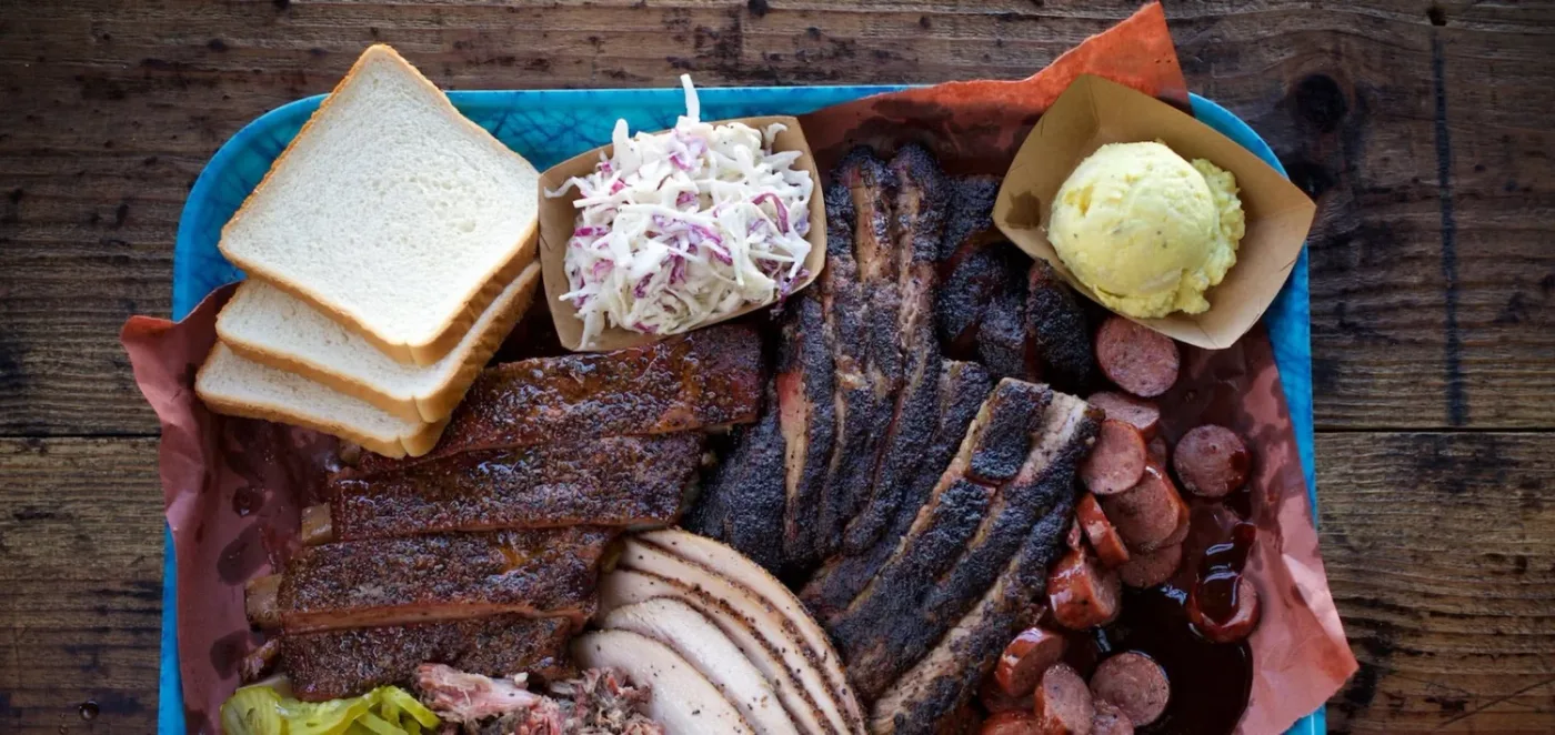 A tray of smoked meats at Franklin Barbecue