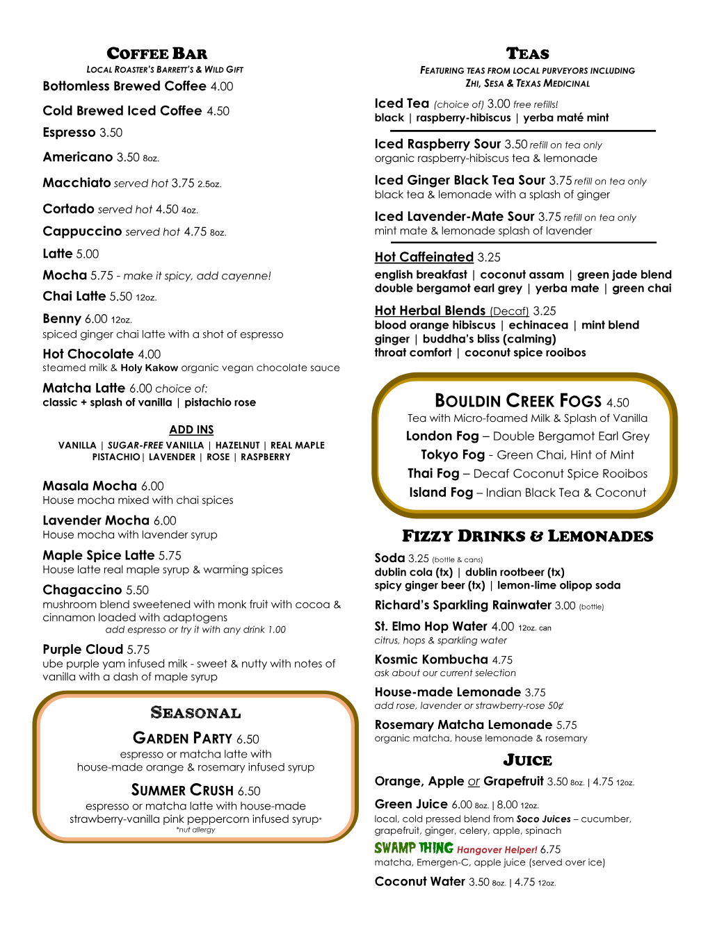 Published menu for Bouldin Creek Cafe; open the source link for the full menu