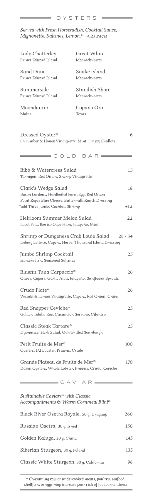 Published menu for Clark's Oyster Bar - Austin; open the source link for the full menu