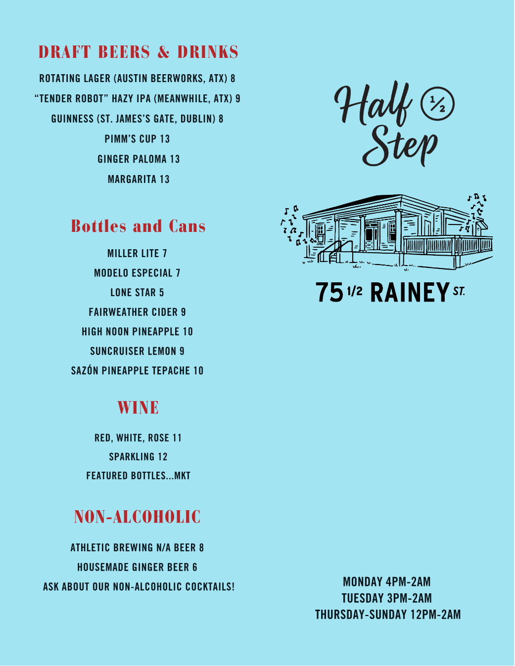 Published menu for Half Step; open the source link for the full menu