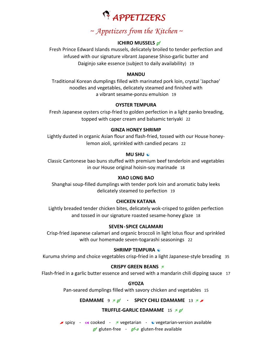 Published menu for ichiro asian bistro & wine bar; open the source link for the full menu