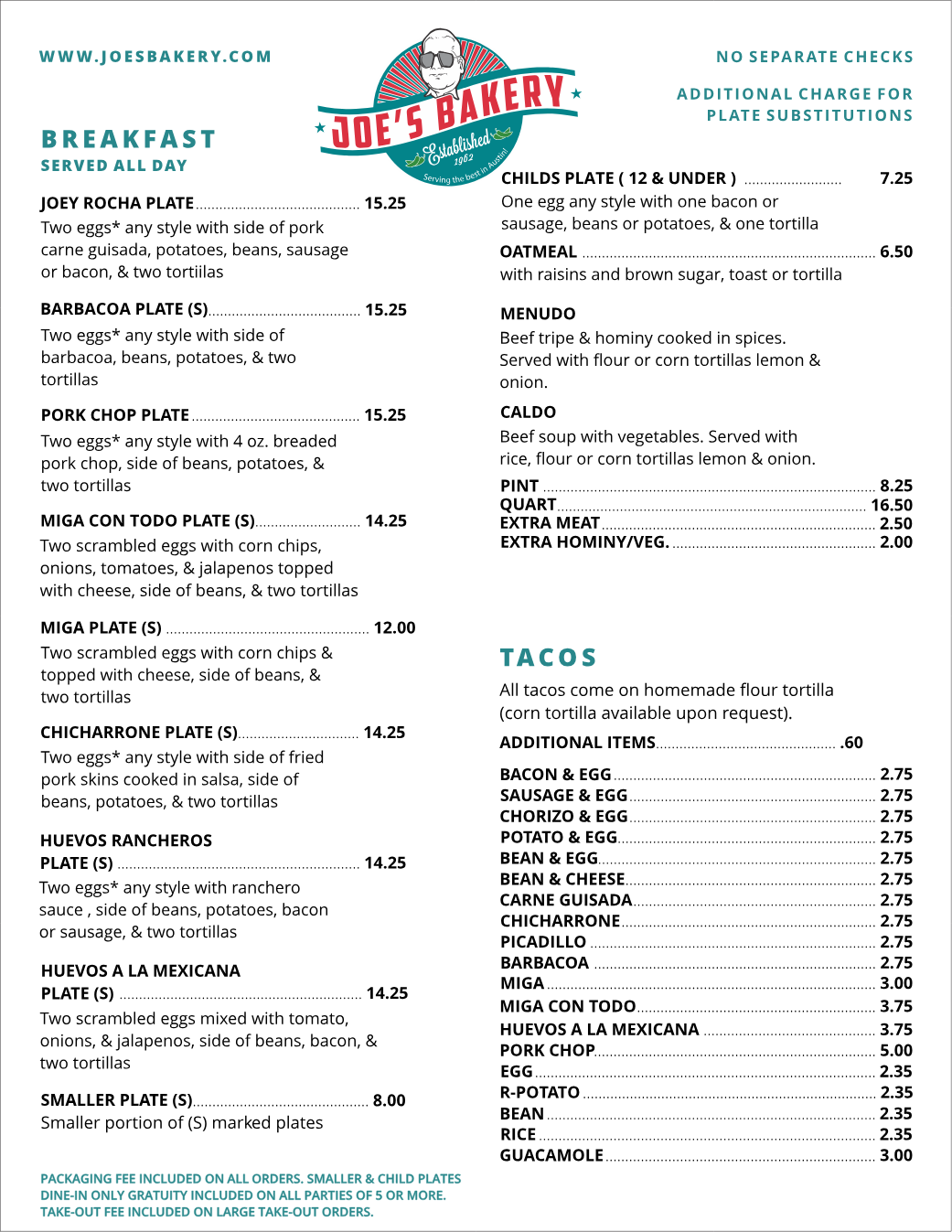 Published menu for Joe’s Bakery & Coffee Shop; open the source link for the full menu