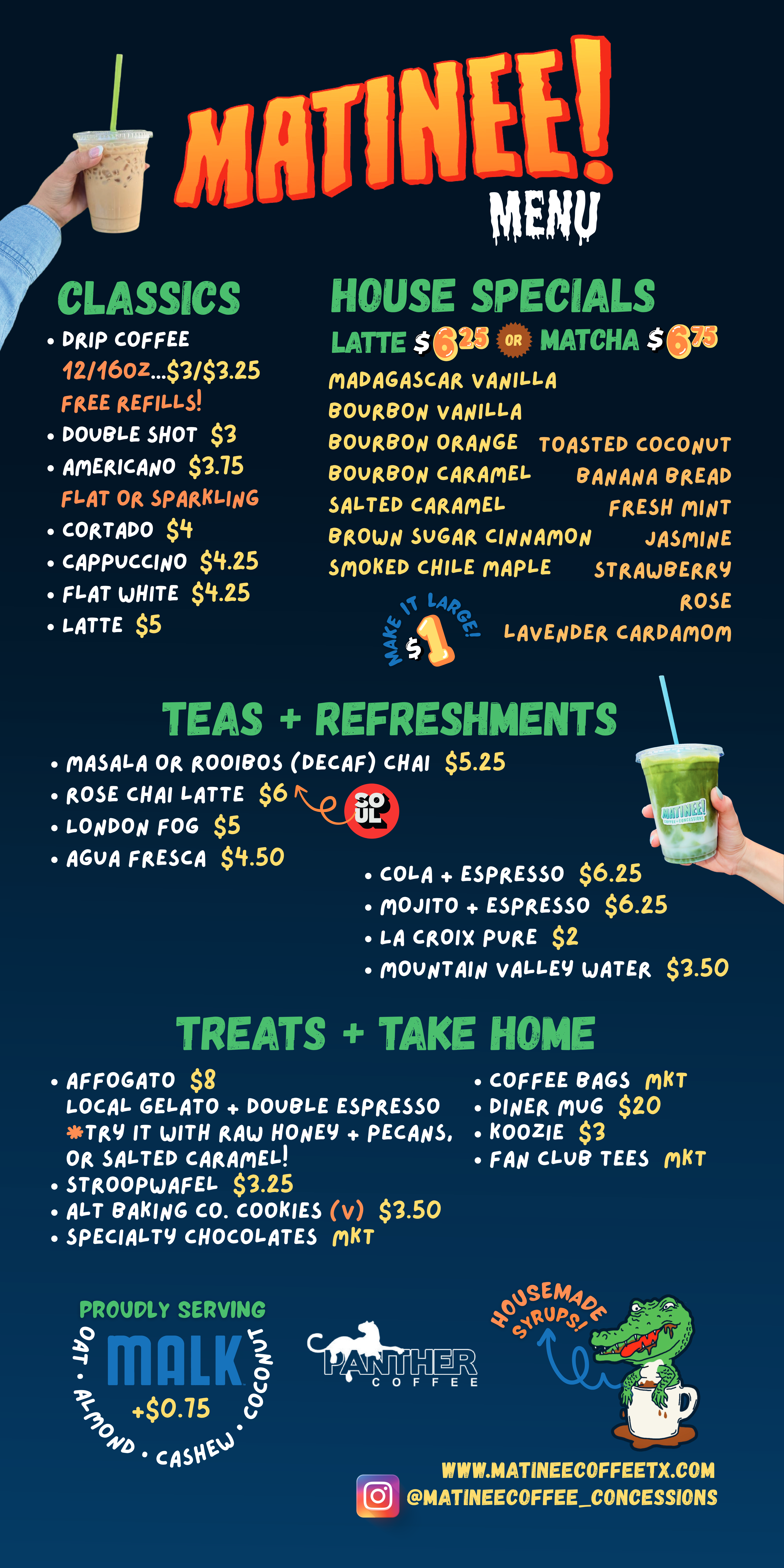 Published menu for Matinee! Coffee + Concessions; open the source link for the full menu