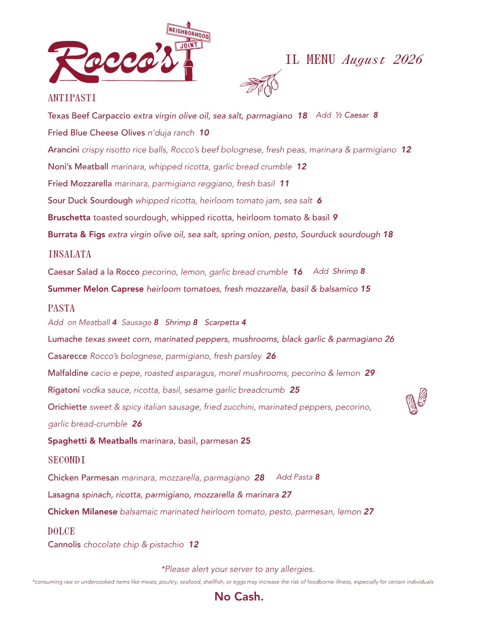 Published menu for Rocco's Italian; open the source link for the full menu