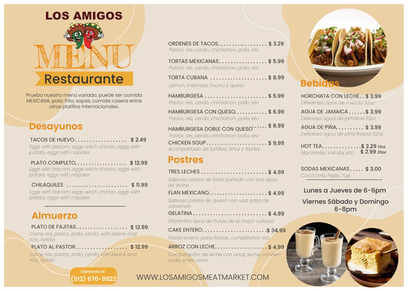 Published menu for Los Amigos Meat (Kitchen); open the source link for the full menu