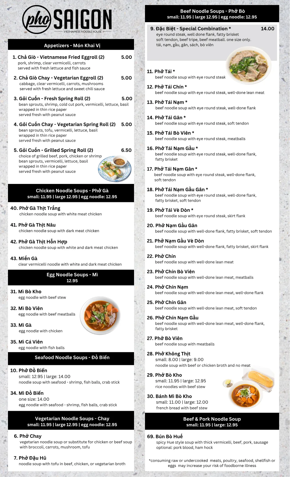 Published menu for Pho Saigon; open the source link for the full menu