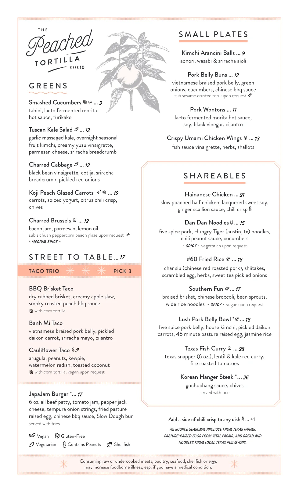 Published menu for Peached Tortilla, The - Burnet Rd; open the source link for the full menu