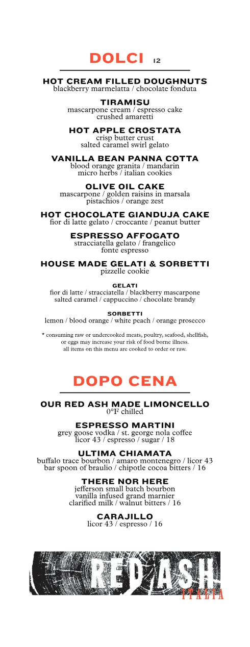 Published menu for Red Ash Restaurant; open the source link for the full menu
