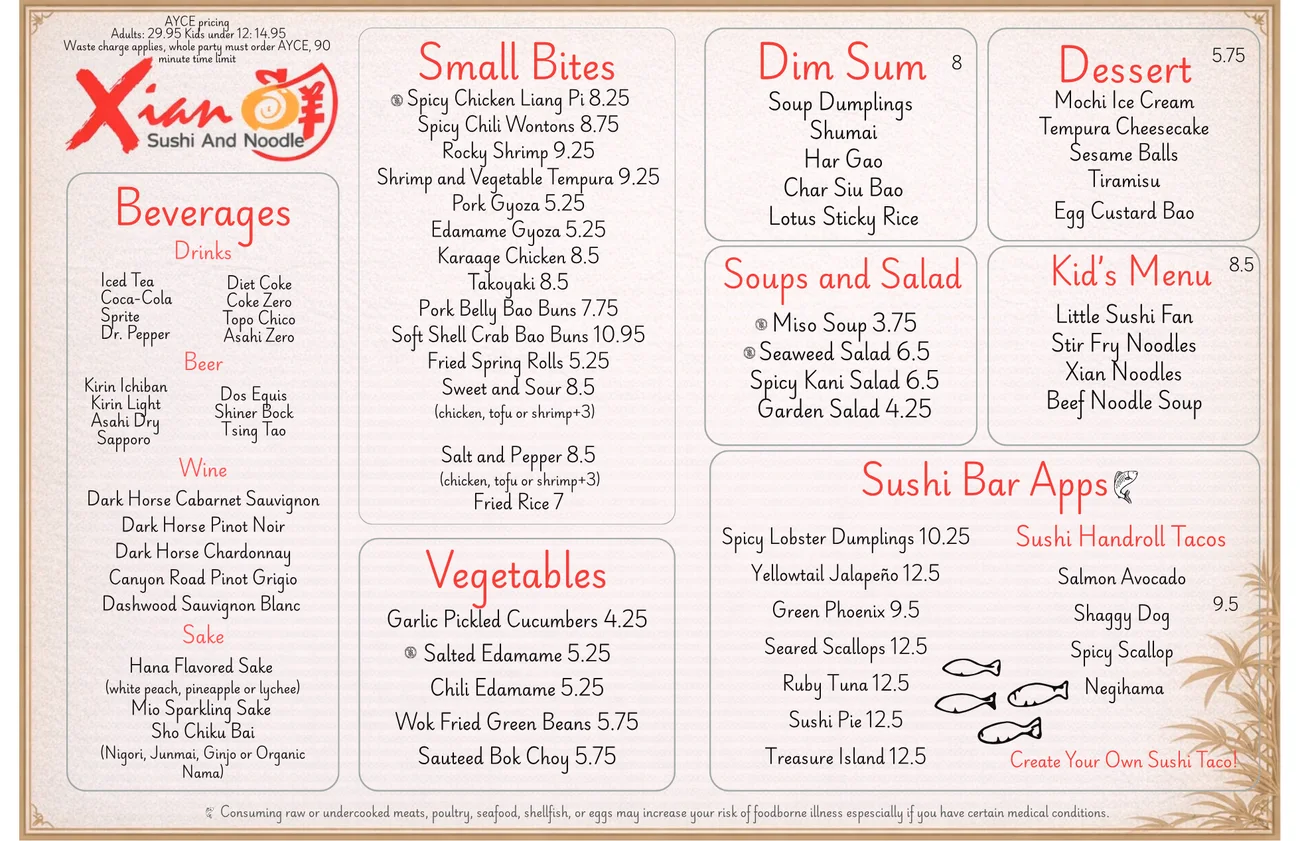 Published menu for Xian Sushi and Noodle North Round Rock; open the source link for the full menu