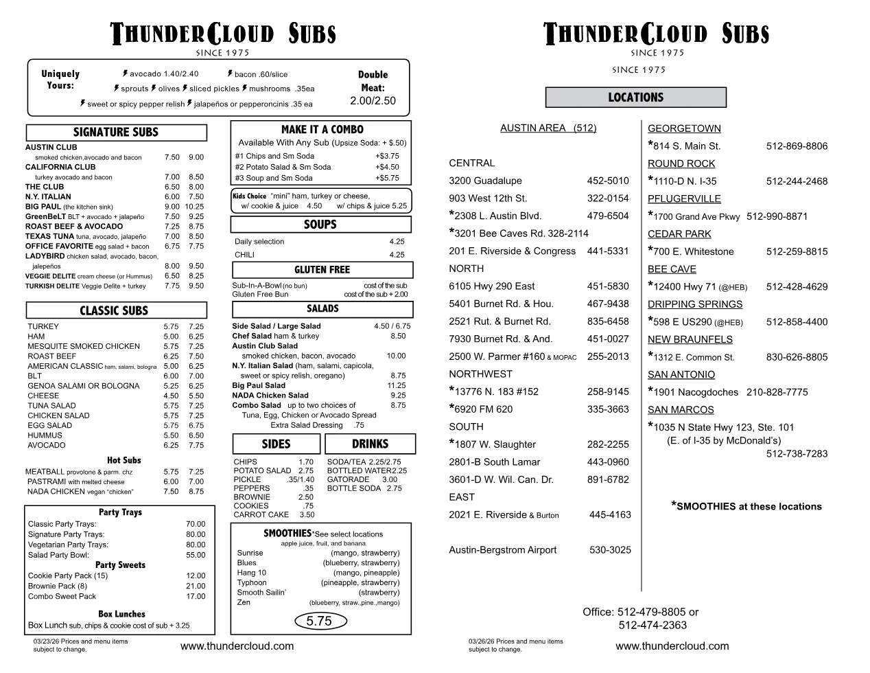 Published menu for Thundercloud Subs; open the source link for the full menu