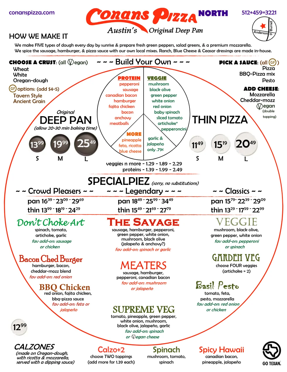 Published menu for Conans Pizza North; open the source link for the full menu