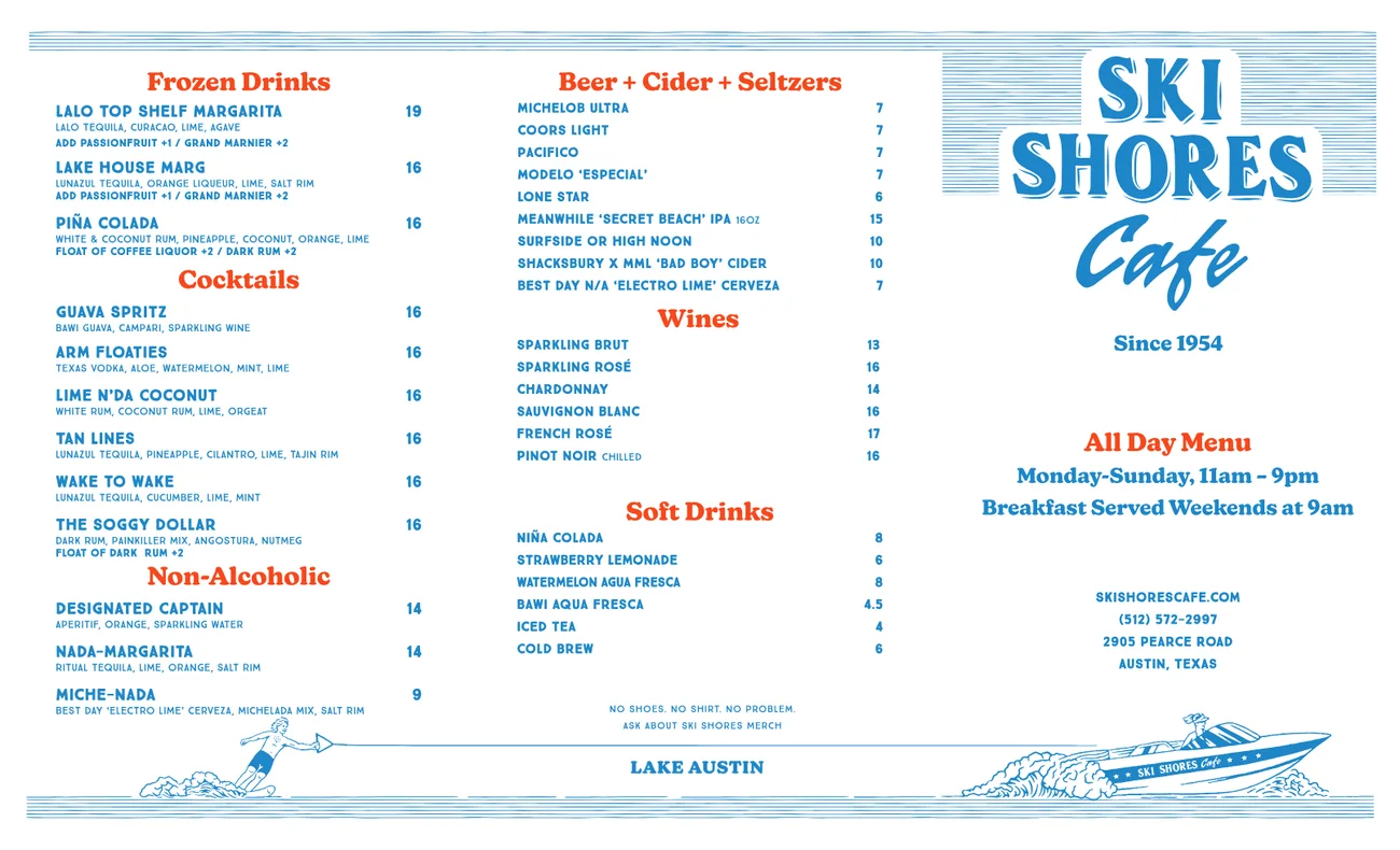 Published menu for Ski Shores Cafe; open the source link for the full menu
