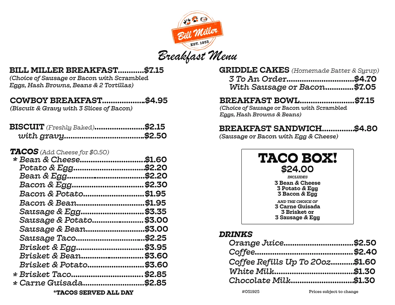 Published menu for Bill Miller BBQ; open the source link for the full menu