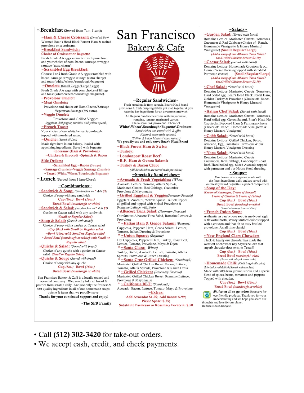 Published menu for San Francisco Bakery Cafe; open the source link for the full menu