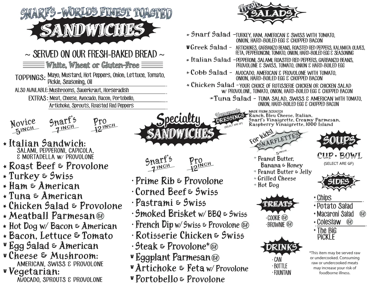 Published menu for Snarf's Sandwiches; open the source link for the full menu