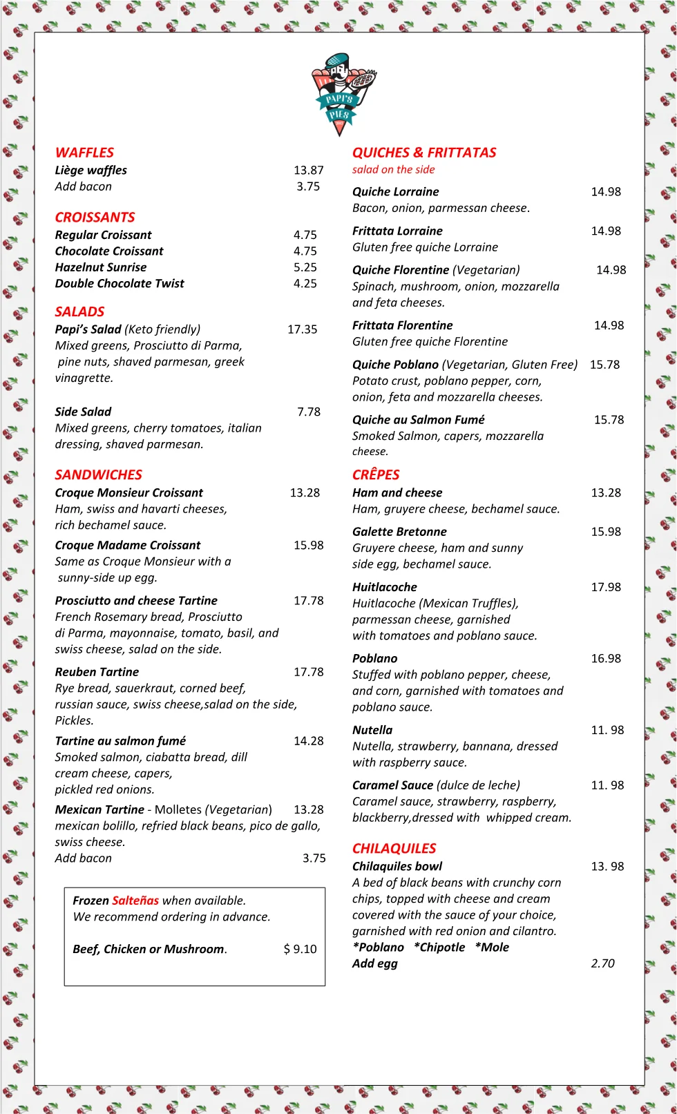 Published menu for Papi’s Pies; open the source link for the full menu