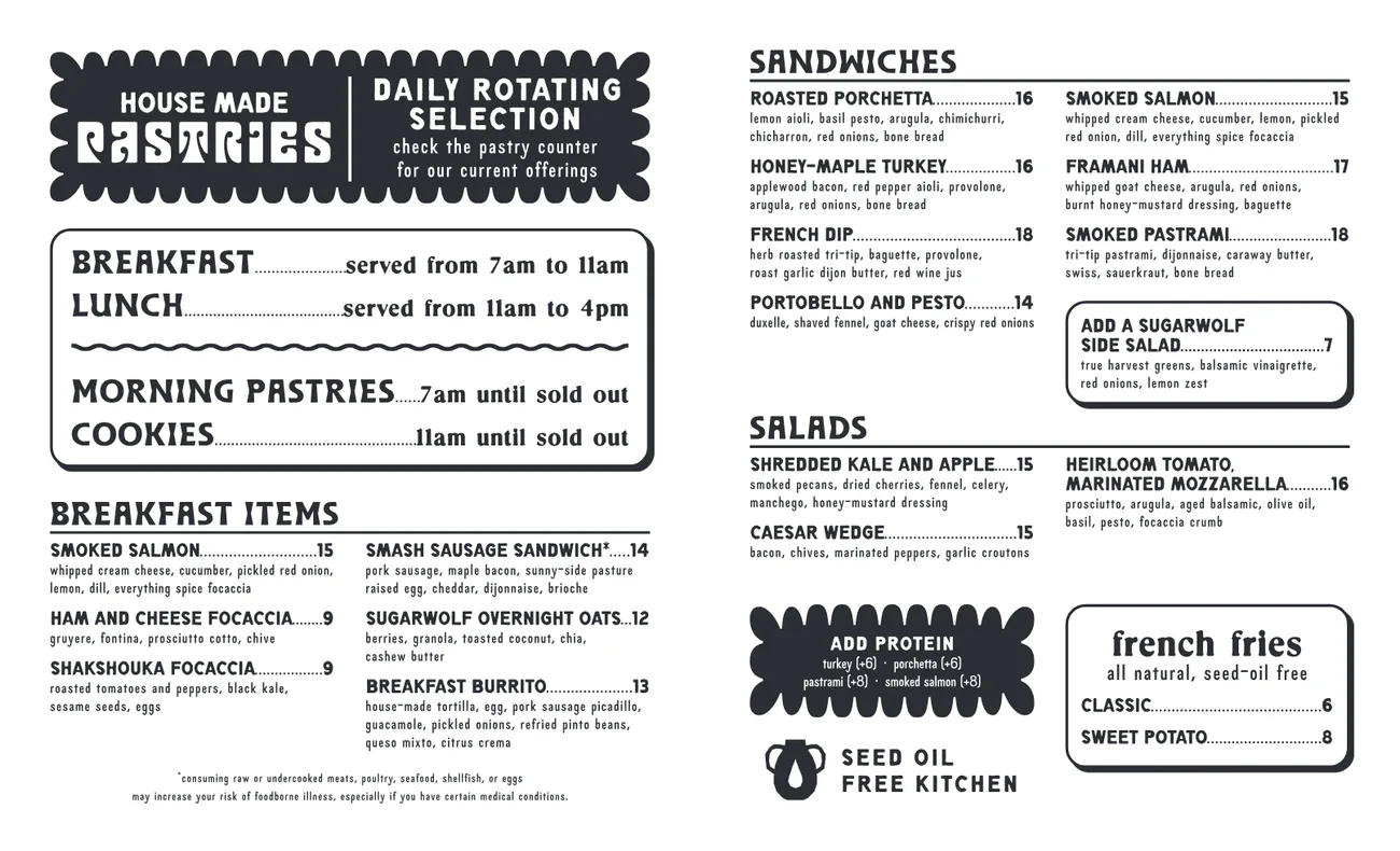 Published menu for Sugar Wolf Bakery; open the source link for the full menu
