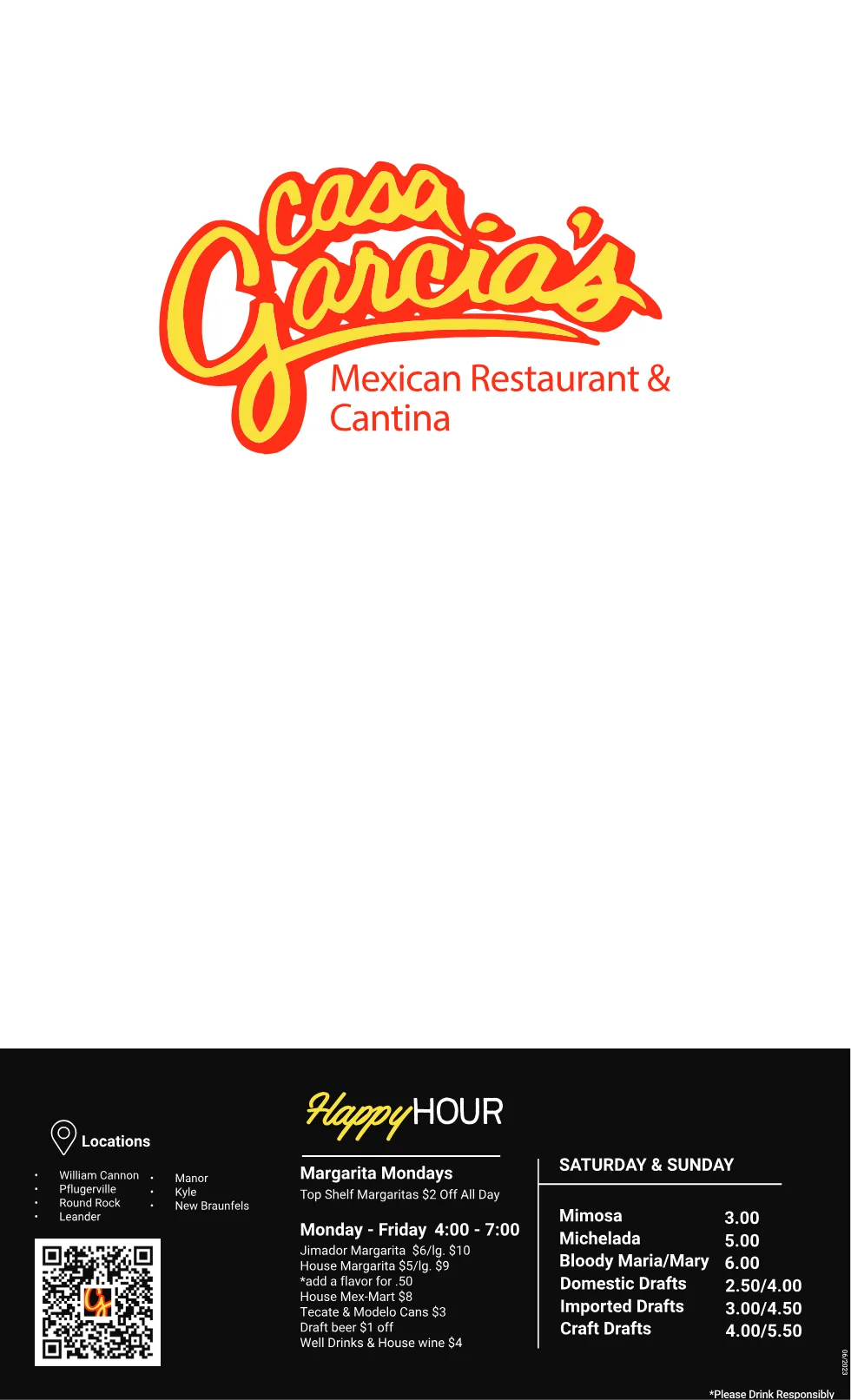 Published menu for Casa Garcias Restaurant & Cantina; open the source link for the full menu