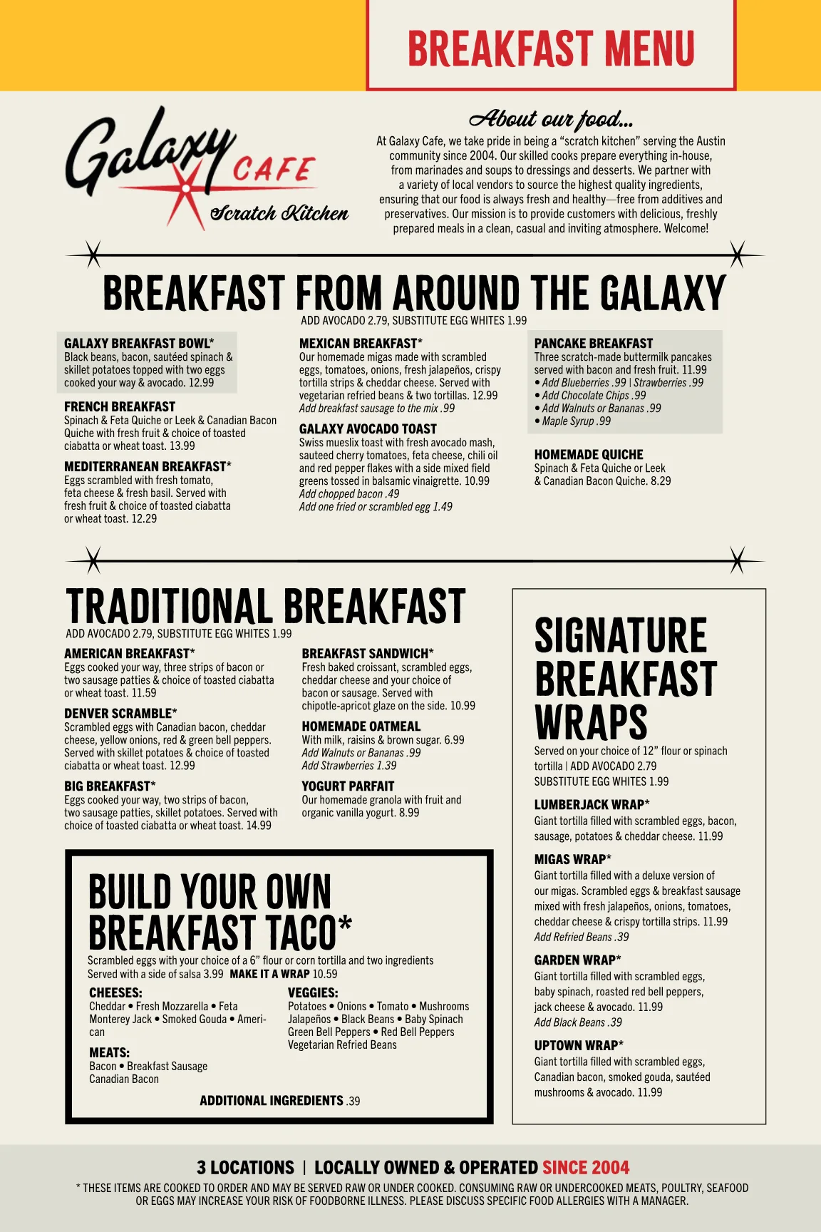 Published menu for Galaxy Cafe; open the source link for the full menu