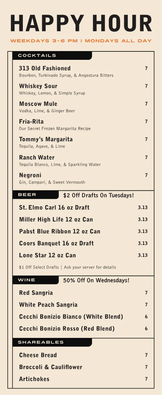 Published menu for VIA 313 Pizzeria; open the source link for the full menu