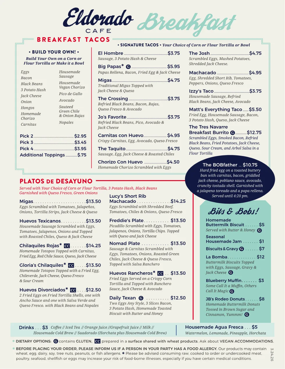 Published menu for El Dorado Cafe; open the source link for the full menu