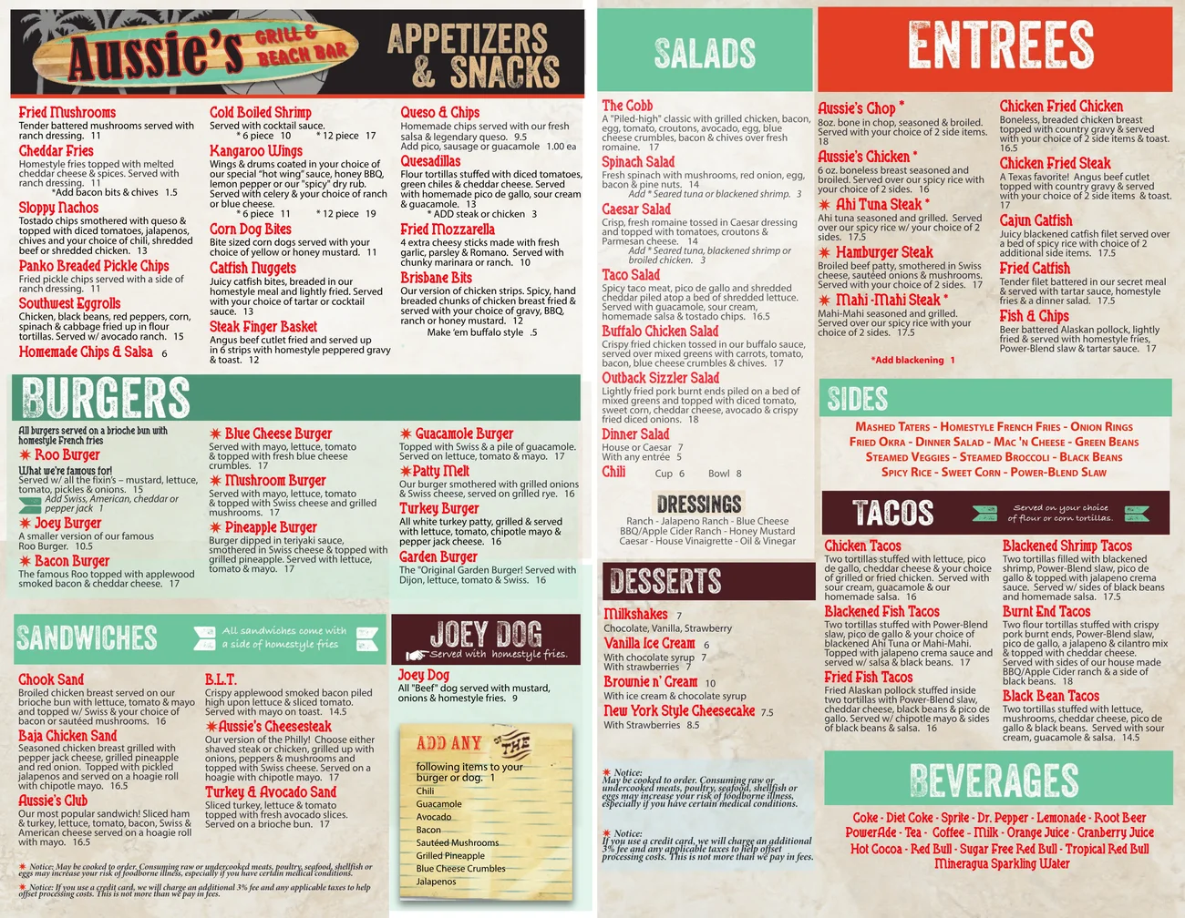 Published menu for Aussie's Bar & Grill; open the source link for the full menu