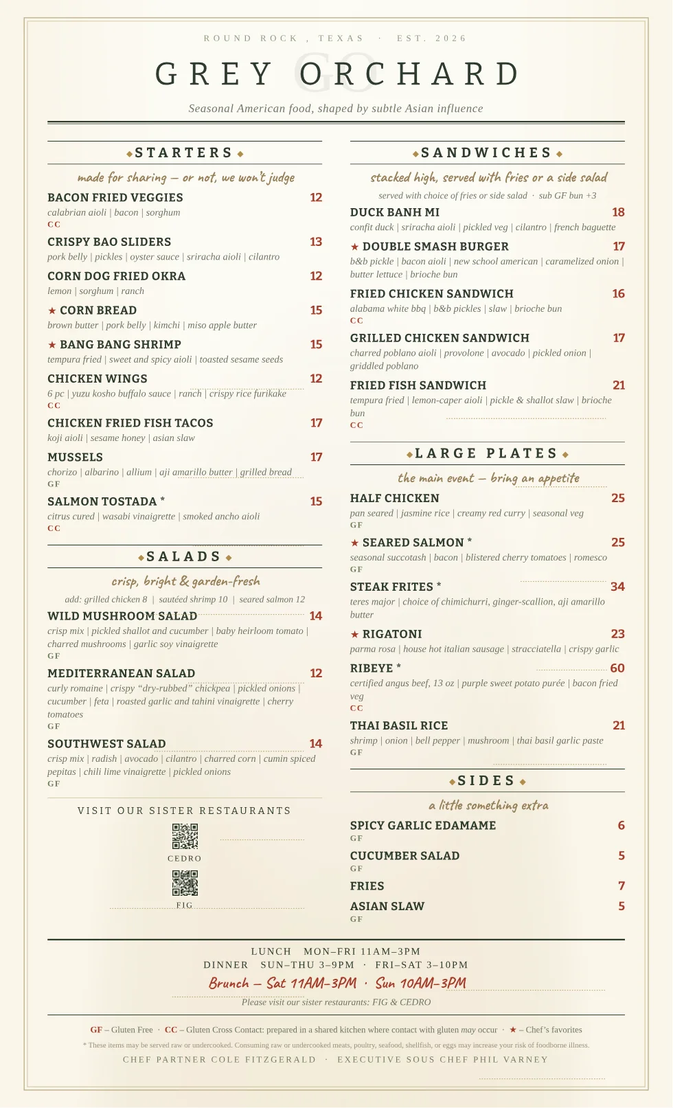 Published menu for Grey Orchard; open the source link for the full menu