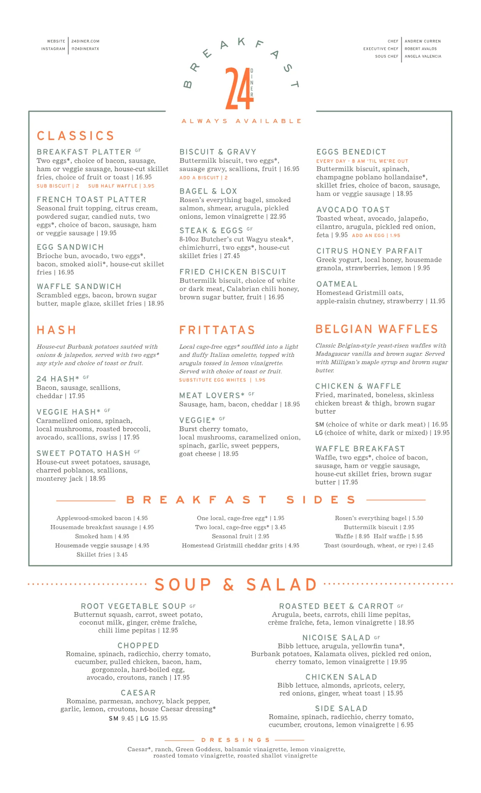 Published menu for 24 Diner; open the source link for the full menu