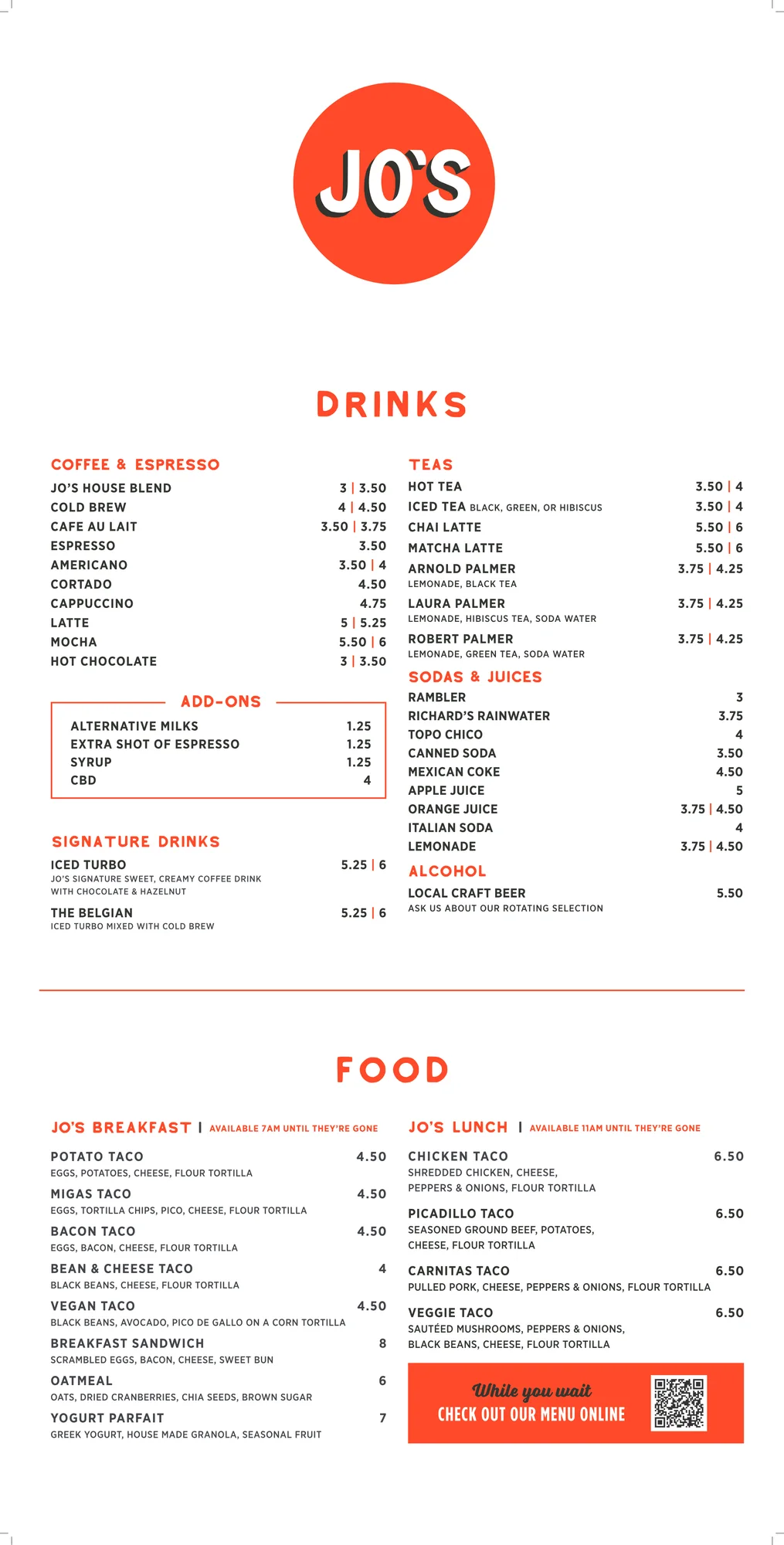 Published menu for Jo's Coffee Shop; open the source link for the full menu
