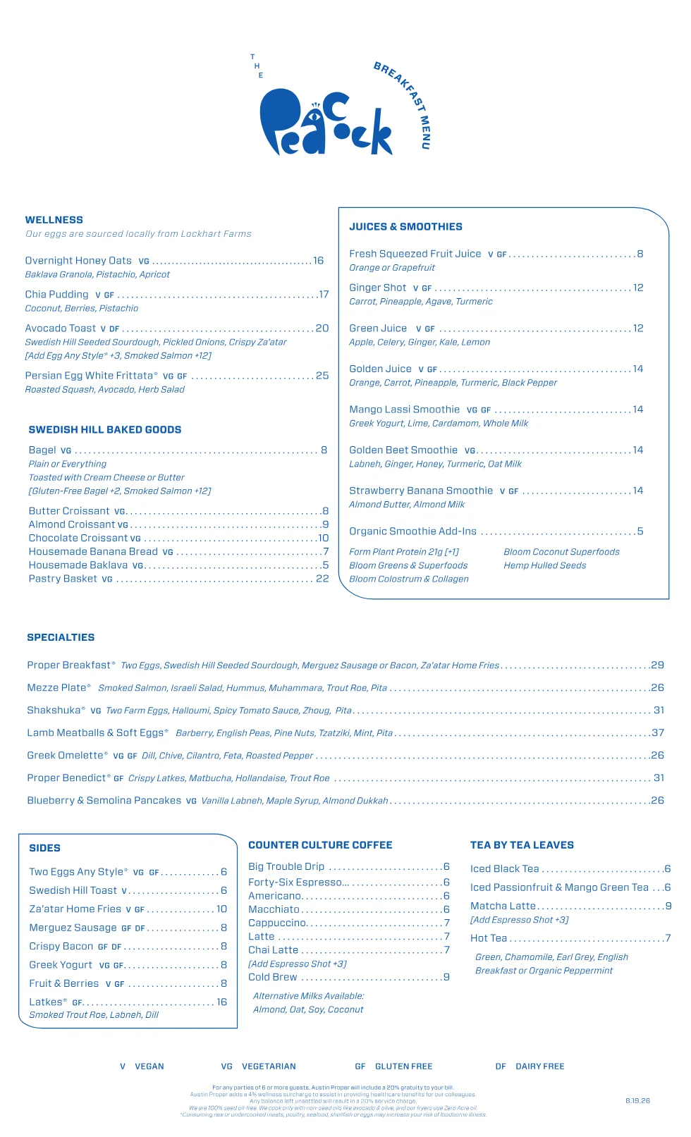 Published menu for Peacock Restaurant; open the source link for the full menu