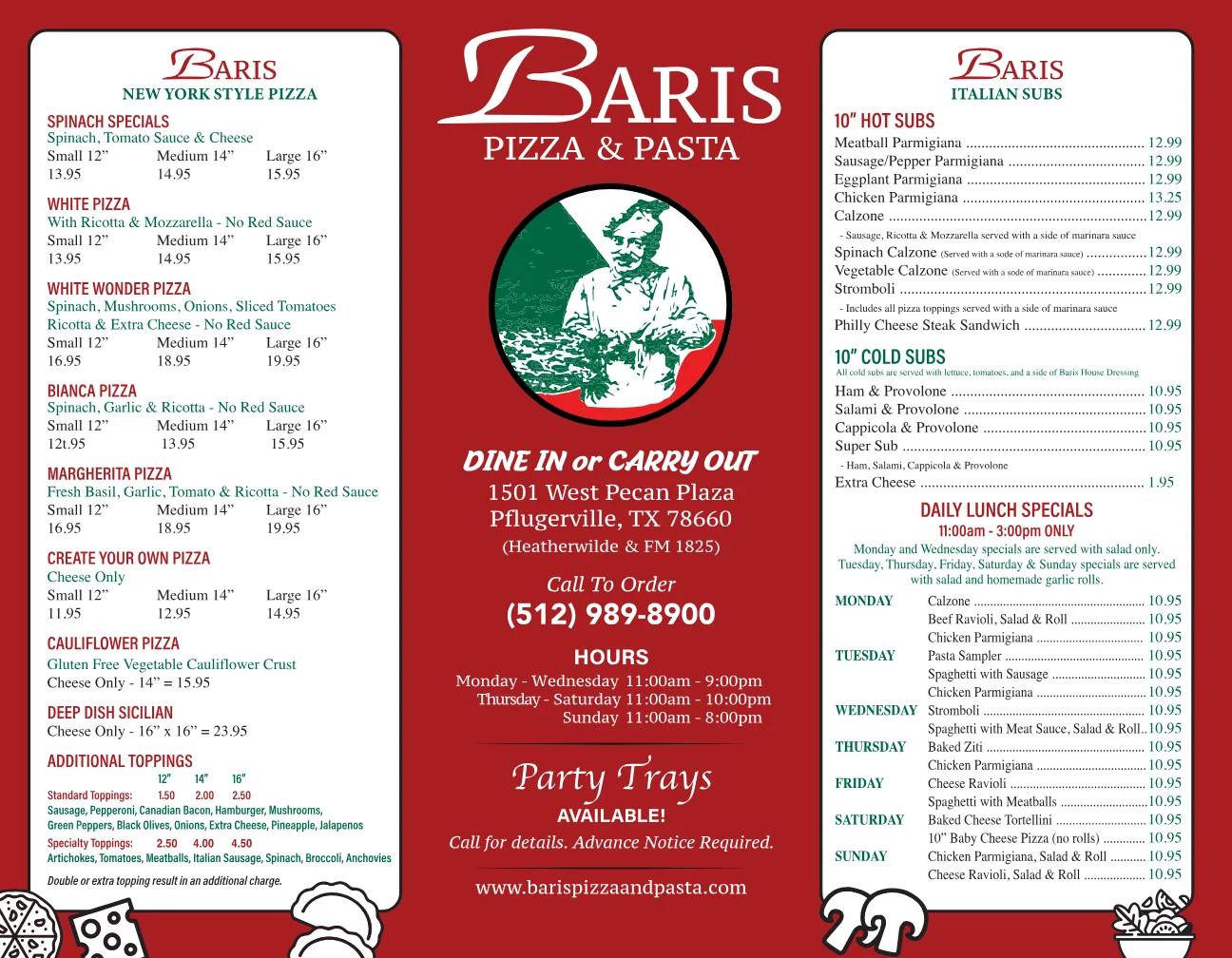 Published menu for Baris Pasta Pizza; open the source link for the full menu
