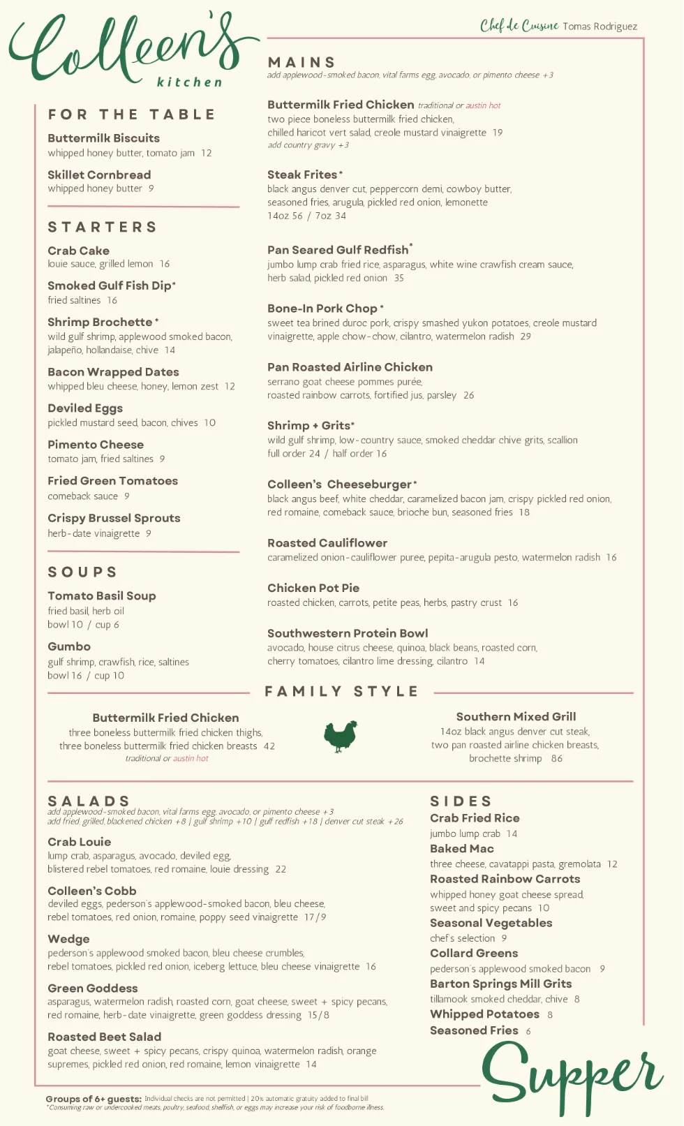 Published menu for Colleen's Kitchen; open the source link for the full menu
