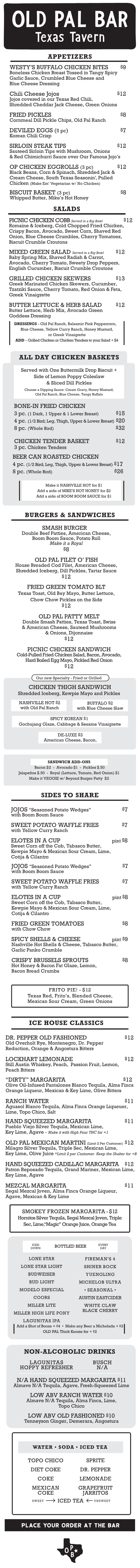 Published menu for Old Pal Texas Tavern; open the source link for the full menu