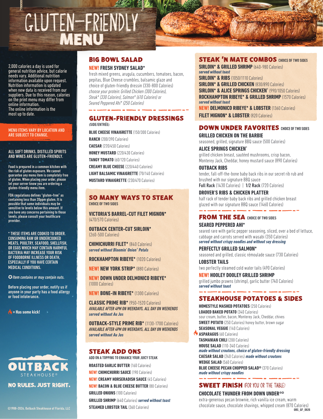 Published menu for Outback Steakhouse; open the source link for the full menu