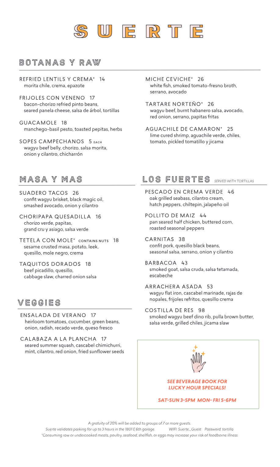 Published menu for Suerte; open the source link for the full menu