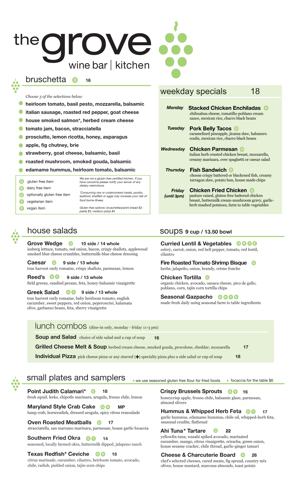 Published menu for The Grove Wine Bar & Kitchen - Cedar Park; open the source link for the full menu