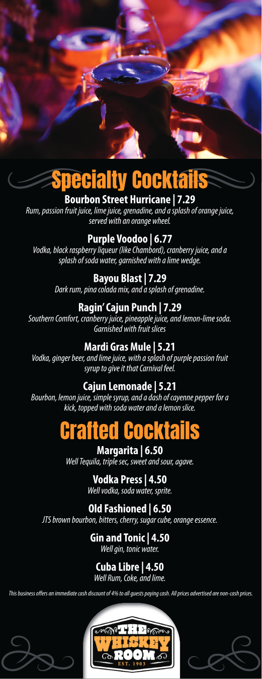 Published menu for The Whiskey Room; open the source link for the full menu