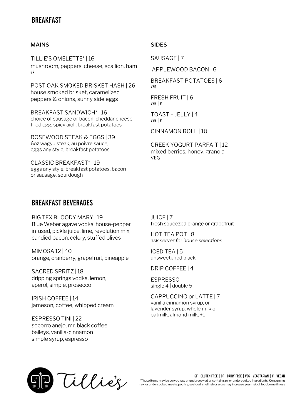 Published menu for Tillie’s; open the source link for the full menu